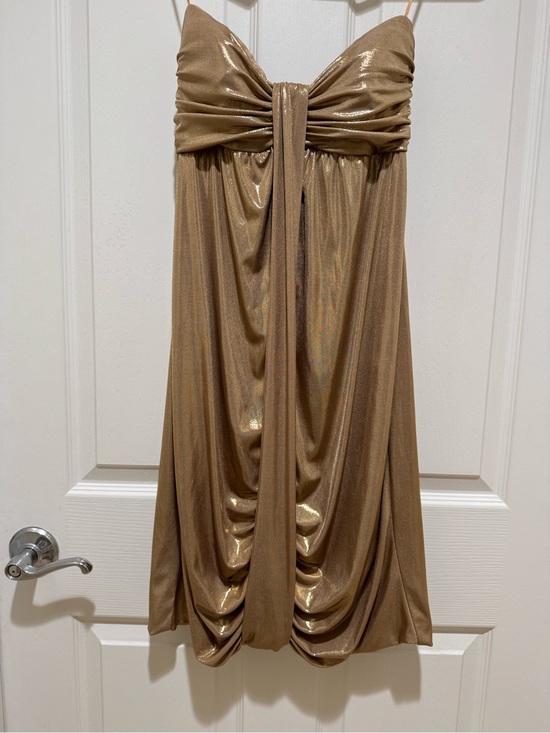 Cache Dresses & Skirts - Vintage Caché Metallic Gold Strapless Ruched Cocktail Dress
